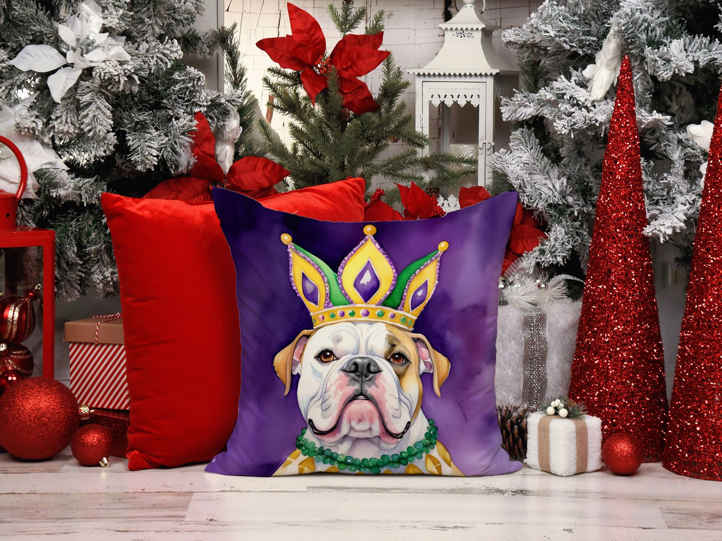 American Bulldog King of Mardi Gras Throw Pillow Machine Washable, Indoor Outdoor Decorative Pillow for Couch, Bed or Patio, 14Hx14W