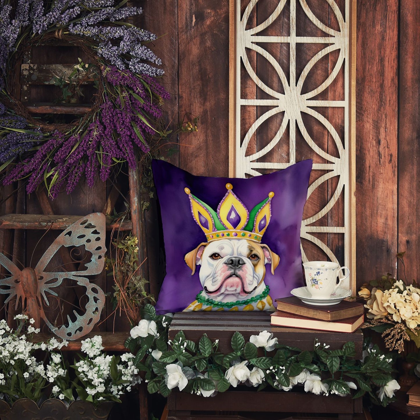 American Bulldog King of Mardi Gras Throw Pillow Machine Washable, Indoor Outdoor Decorative Pillow for Couch, Bed or Patio, 14Hx14W