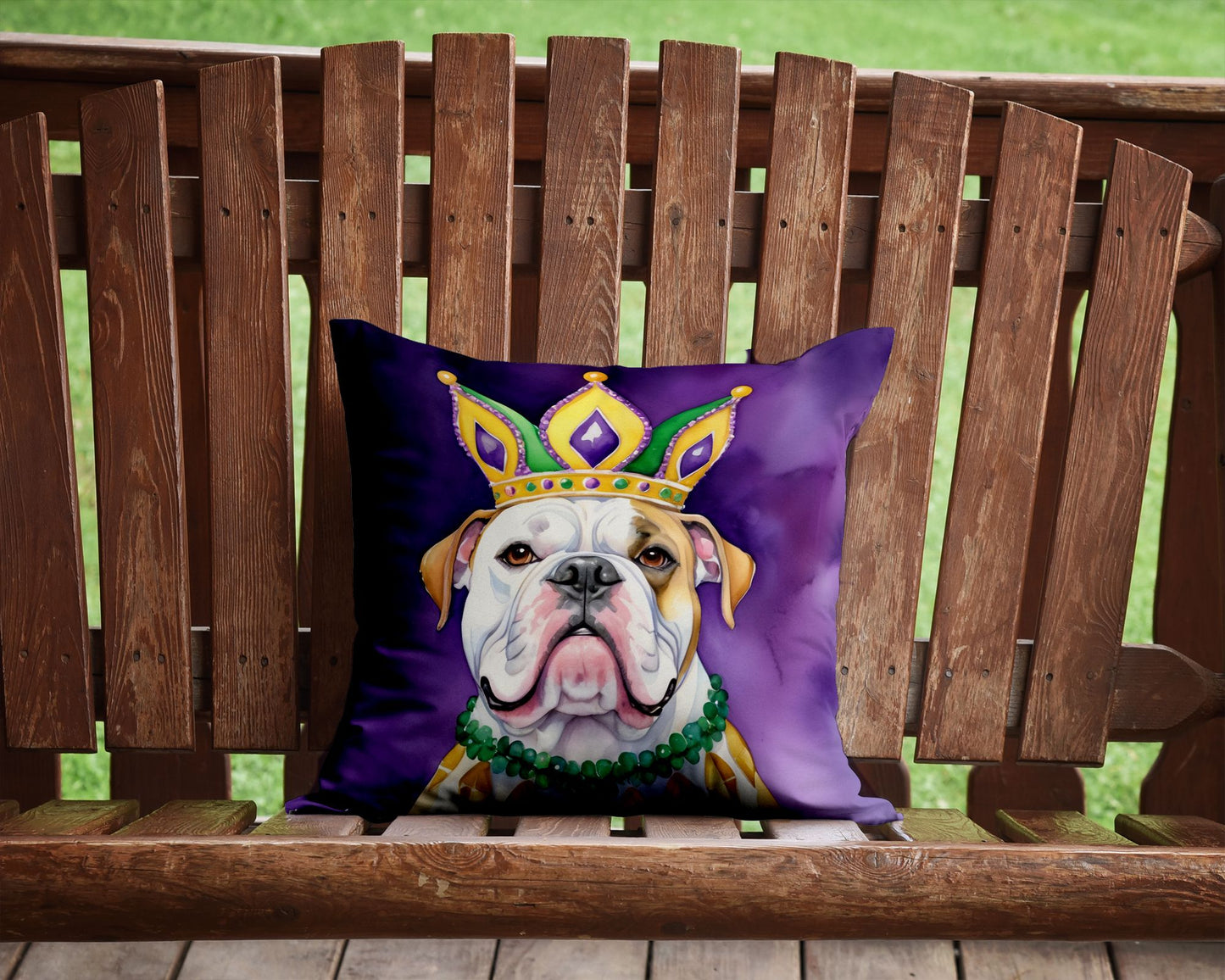 American Bulldog King of Mardi Gras Throw Pillow Machine Washable, Indoor Outdoor Decorative Pillow for Couch, Bed or Patio, 14Hx14W