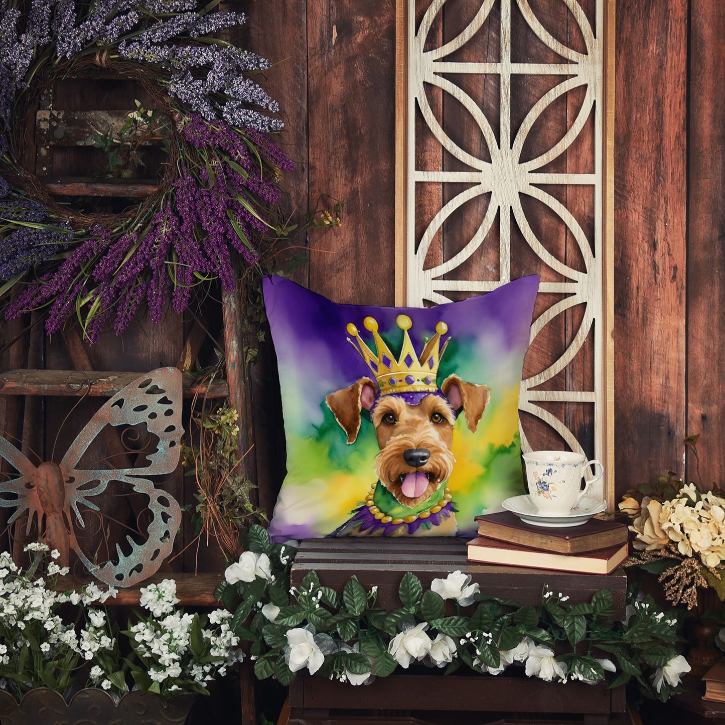 Airedale Terrier King of Mardi Gras Throw Pillow Machine Washable, Indoor Outdoor Decorative Pillow for Couch, Bed or Patio, 14Hx14W