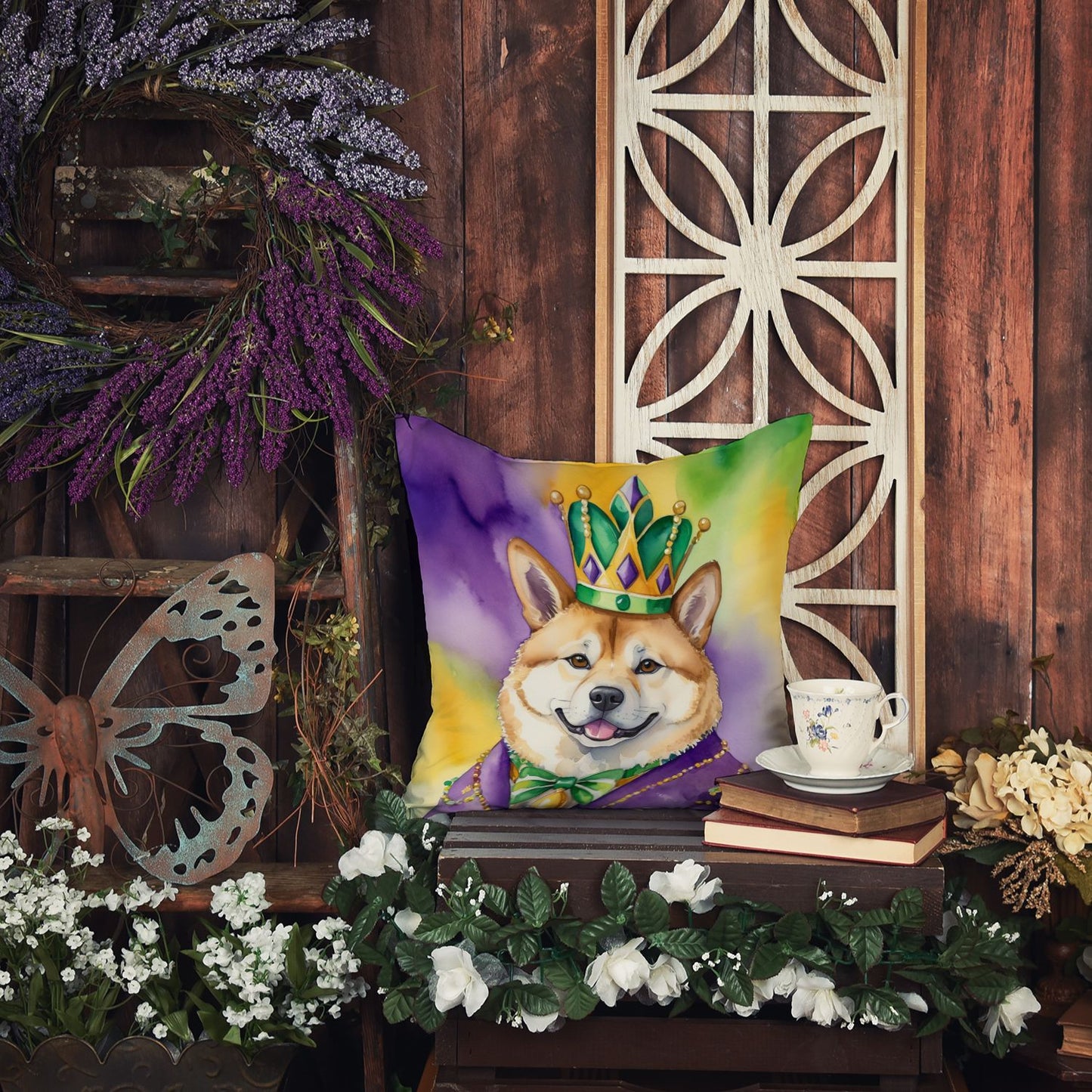 Akita King of Mardi Gras Throw Pillow Machine Washable, Indoor Outdoor Decorative Pillow for Couch, Bed or Patio, 14Hx14W