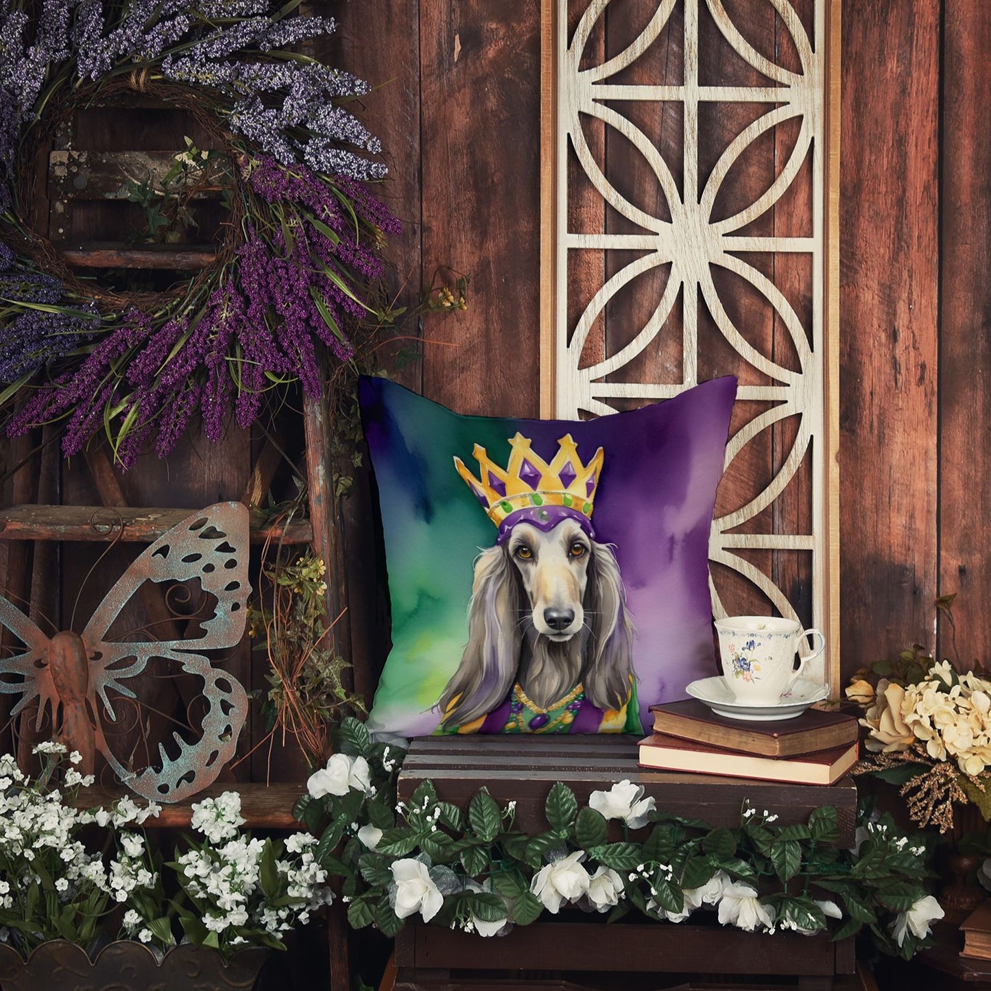 Afghan Hound King of Mardi Gras Throw Pillow Machine Washable, Indoor Outdoor Decorative Pillow for Couch, Bed or Patio, 14Hx14W