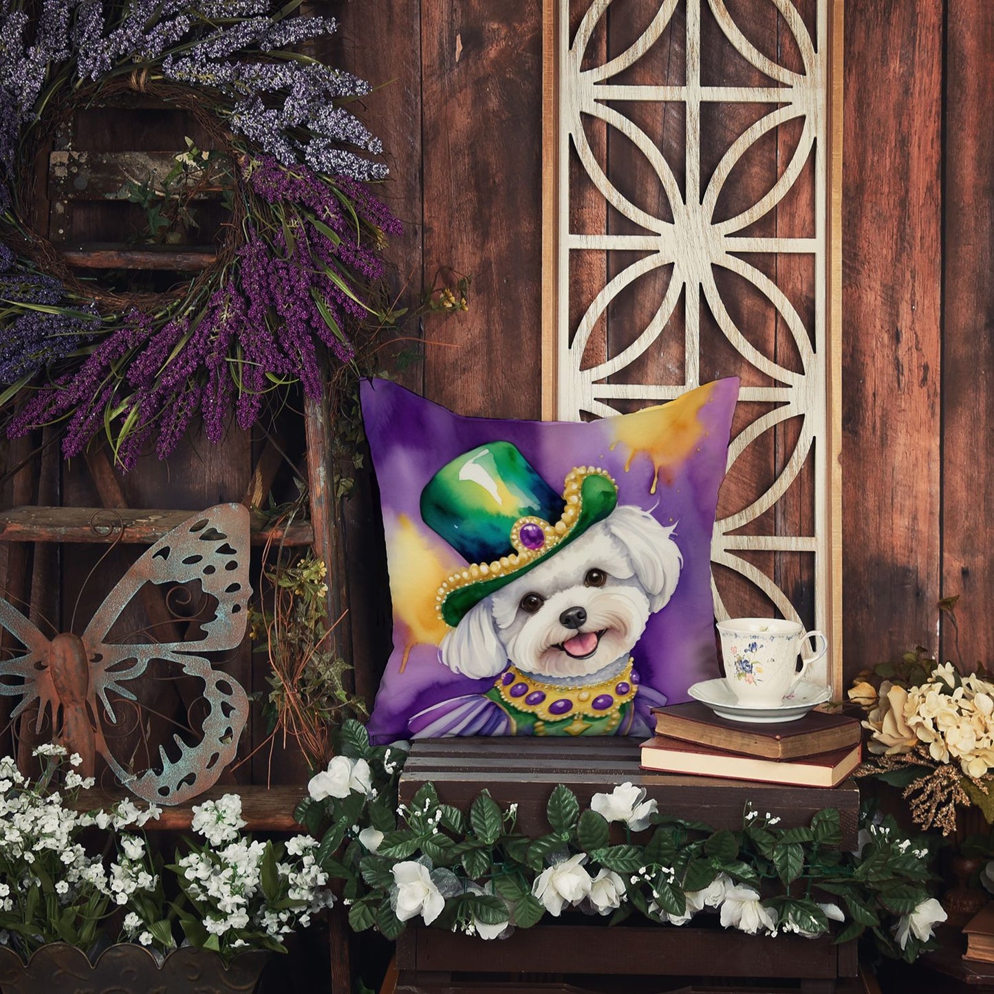 Bichon Frise King of Mardi Gras Throw Pillow Machine Washable, Indoor Outdoor Decorative Pillow for Couch, Bed or Patio, 14Hx14W